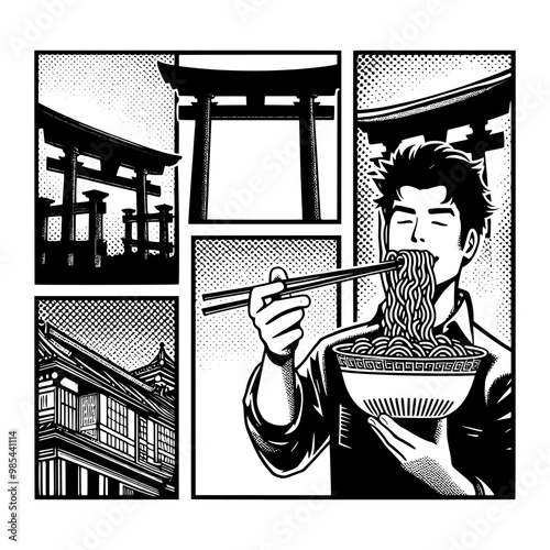 man eat ramen with torii gate black and white design