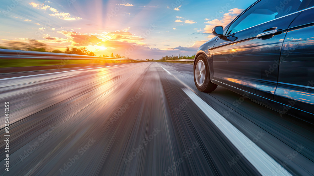 Lone car driving on deserted highway at sunset, road stretching into horizon with golden light reflecting off hood, sharp silhouette against vibrant sky, emphasizing solitude and freedom. Lone car driving on deserted highway at sunset, road stretching into horizon with golden light reflecting off hood, sharp silhouette against vibrant sky, emphasizing solitude and freedom.