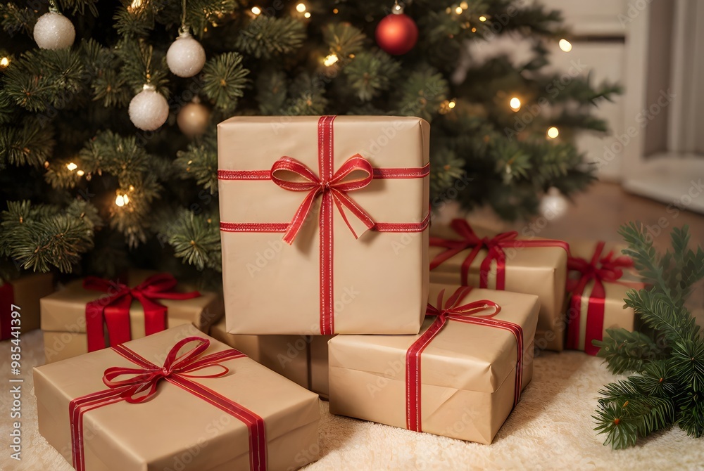 リボンと包装紙でつつまれたクリスマスプレゼントがクリスマスツリーのそばに置いてある リボンと包装紙でつつまれたクリスマスプレゼントがクリスマスツリーのそばに置いてある