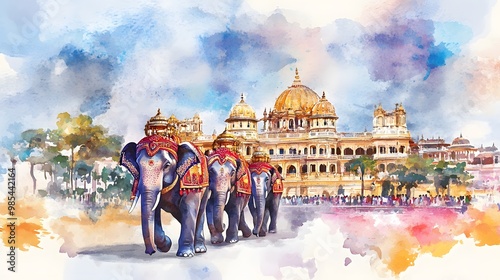 Watercolor illustration for mysore dasara with elephant and palace