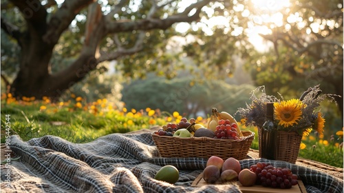 Romantic picnic setup in a park with a cozy blanket basket of fresh fruits flowers and a bottle of wine all under a large oak tree photo