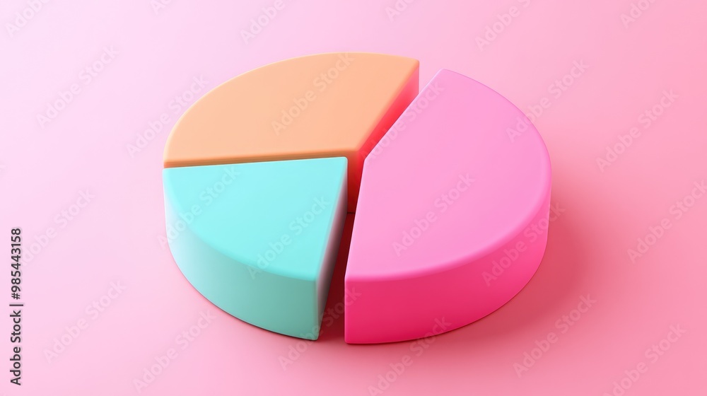 A 3D pie chart divided into three sections, colored pink, peach, and teal, on a pink background. A 3D pie chart divided into three sections, colored pink, peach, and teal, on a pink background.