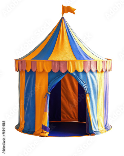 Colorful circus tent with blue and yellow stripes, featuring a flag atop and open entrance.