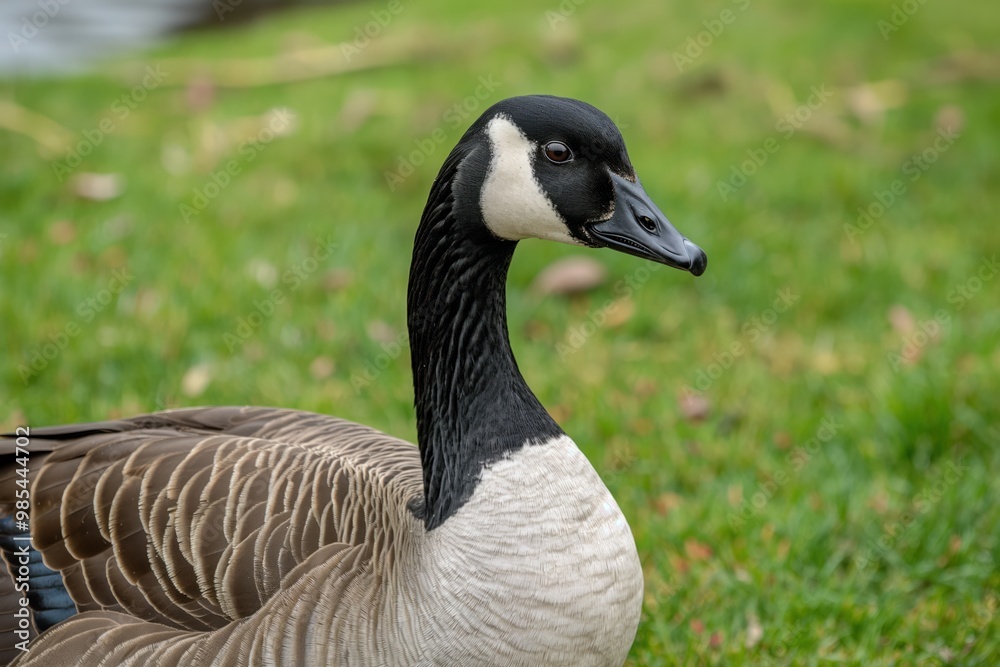 Cute Canada goose stands on green grass. Brown feathers, white beak, black neck. Close-up view of domestic wild bird. Feathered fowl with wings outstretched. Natural wildlife animal in park or farm. Cute Canada goose stands on green grass. Brown feathers, white beak, black neck. Close-up view of domestic wild bird. Feathered fowl with wings outstretched. Natural wildlife animal in park or farm.