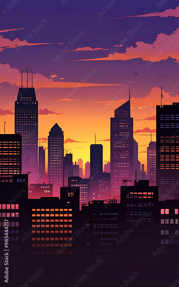 Flat illustration of a cityscape silhouette at sunset, with tall skyscrapers, a bright orange sky, and a dark purple horizon, creating a modern and sleek urban mobile wallpaper Flat illustration of a cityscape silhouette at sunset, with tall skyscrapers, a bright orange sky, and a dark purple horizon, creating a modern and sleek urban mobile wallpaper