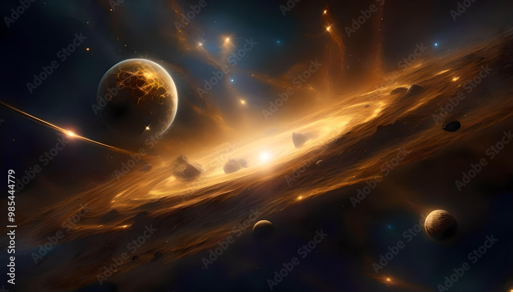 Obraz premium golden planet explosion with asteroids in space