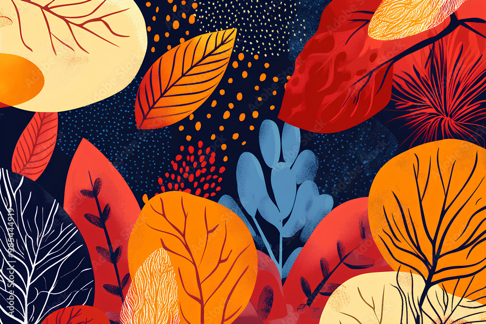 Autumn seasonal artistic abstract background template. Modern hand drawn illustration