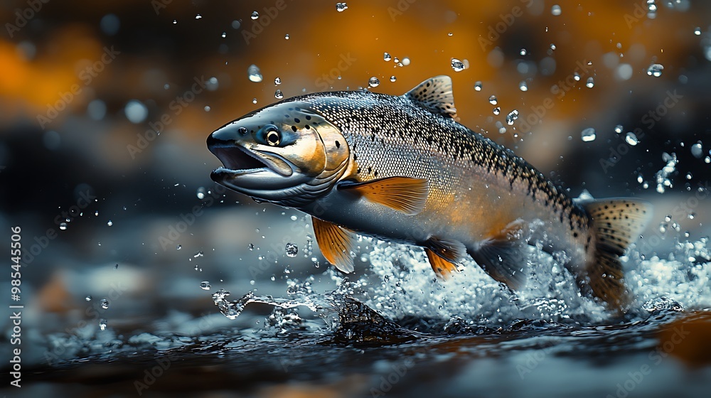 A salmon leaps out of the water, creating a splash of water droplets. A salmon leaps out of the water, creating a splash of water droplets.