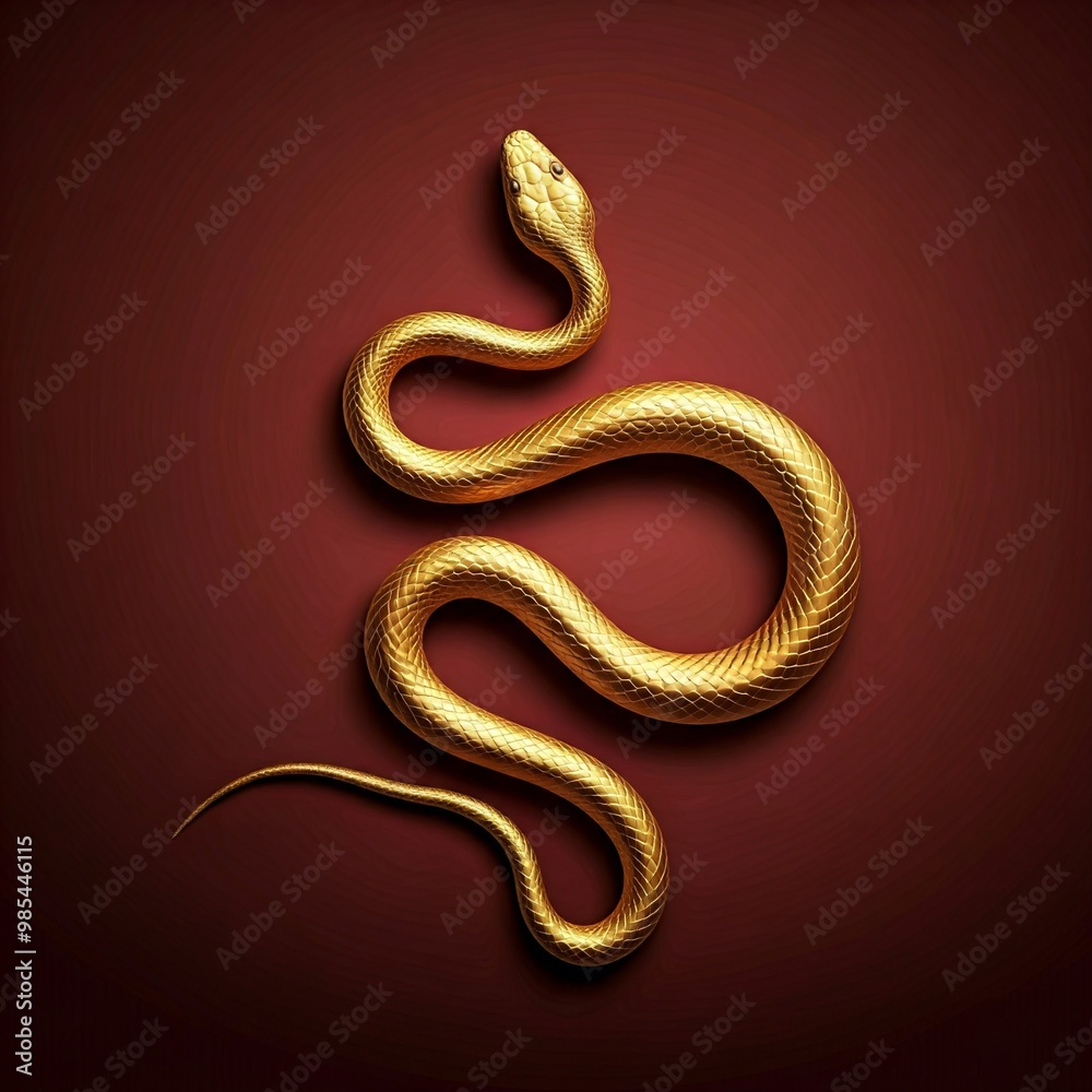 Fototapeta premium A three-dimensional golden snake against a red background, symbolizing the Lunar New Year and celebrating joy.
