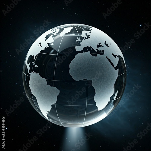 A glass sphere shaped like the Earth against a black background.
