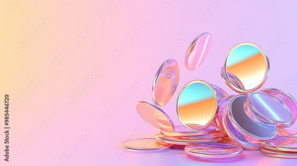 Holographic circles falling on a pink background with space for text. Holographic circles falling on a pink background with space for text.