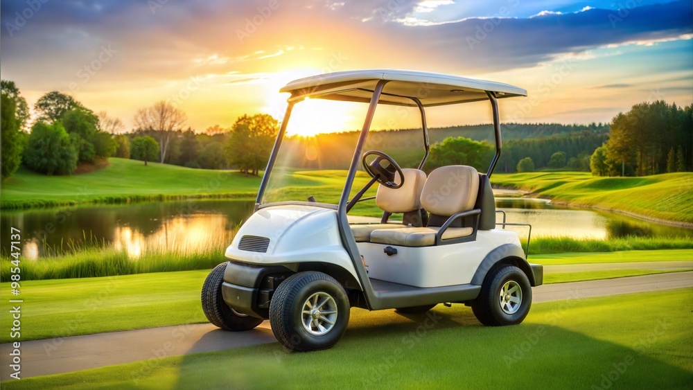 Golf Cart Parked on Scenic Golf Course at Sunset, Tranquil Outdoor Landscape