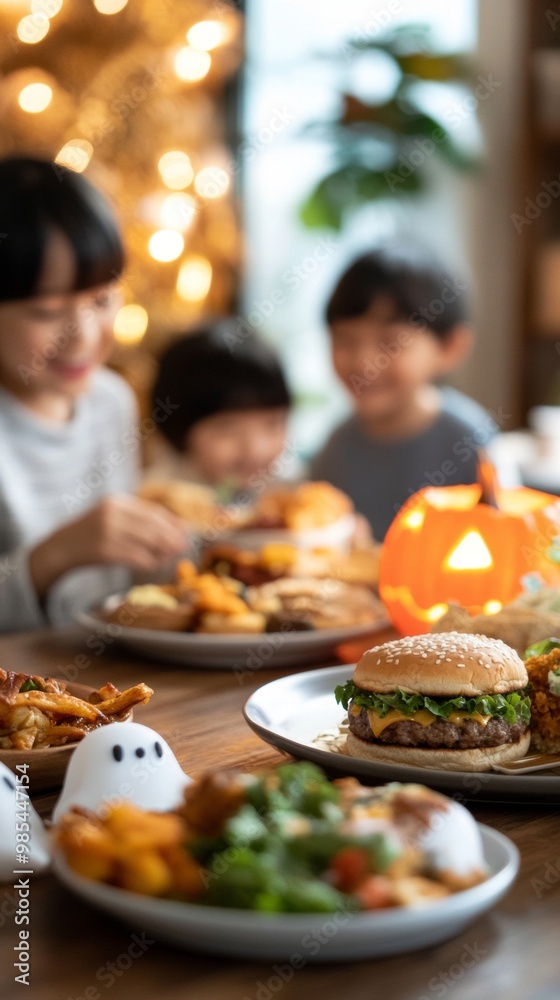 Family enjoying a Halloween-themed dinner with monster burgers glowing pumpkin soup