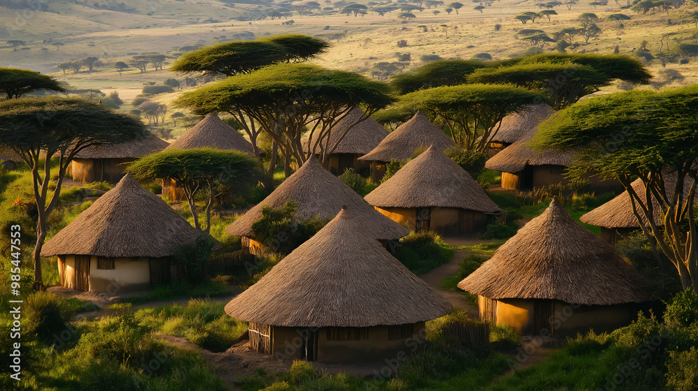 photo of a traditional Tanzanian village with thatched roof huts and lush acacia trees at sunset showcasing rural African architecture culture and serene landscape ideal for themes of travel community photo of a traditional Tanzanian village with thatched roof huts and lush acacia trees at sunset showcasing rural African architecture culture and serene landscape ideal for themes of travel community