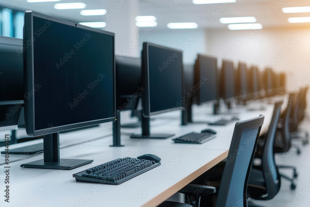 A modern computer lab with sleek, uniform workstations, large monitors, and soft ambient lighting creating a productive atmosphere Computer lab, Modern office design A modern computer lab with sleek, uniform workstations, large monitors, and soft ambient lighting creating a productive atmosphere Computer lab, Modern office design