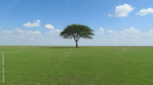 photo of a vast open grassland with a single acacia tree under a bright blue sky with scattered clouds symbolizing isolation and serenity in a wide African savanna landscape ideal for peaceful and min