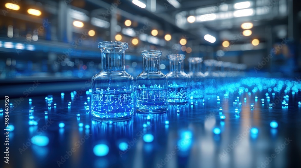 Glass Flasks with Blue Liquid in Industrial Setting Glass Flasks with Blue Liquid in Industrial Setting