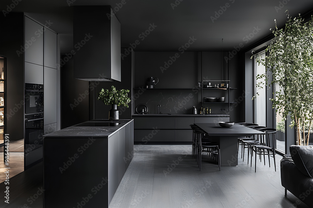 Beautiful open plan matte black kitchen and kitchen island with dining area Beautiful open plan matte black kitchen and kitchen island with dining area