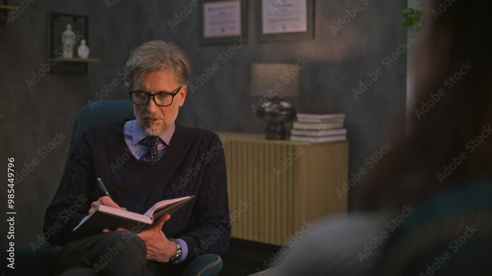 Mature psychotherapist takes notes in notebook, communicates with patient, asks questions during counseling therapy session in modern and stylish psychological office. Psychology and mental health.