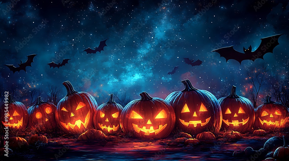 Pumpkin Patch: Rows of glowing jack-o'-lanterns at the bottom, with a starry night sky and flying bats above. Pumpkin Patch: Rows of glowing jack-o'-lanterns at the bottom, with a starry night sky and flying bats above.