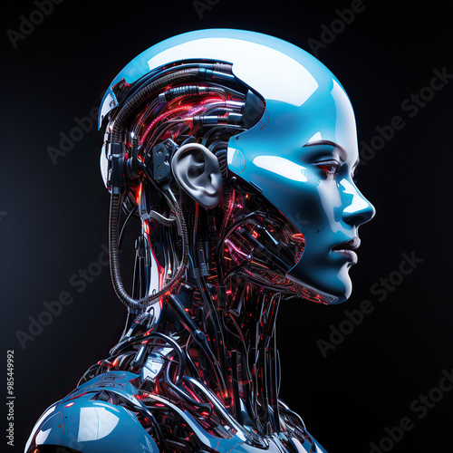 generated illustration of female robot face with computer artificial intelligence.