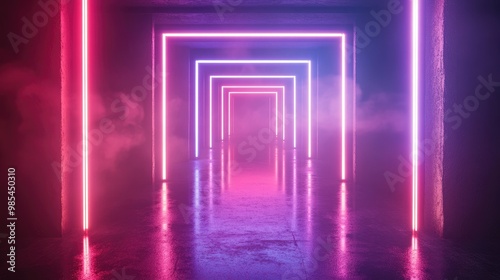 A futuristic hallway with neon lights and smoke.