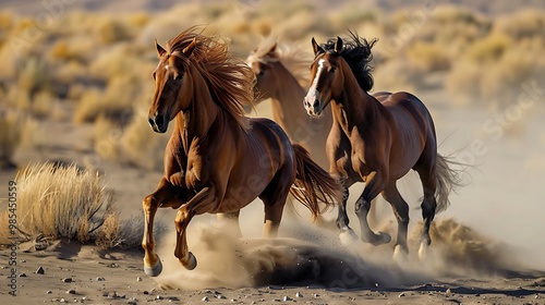 Horses with long manes galloping through a desert, kicking up dust, their powerful forms captured in motion photo