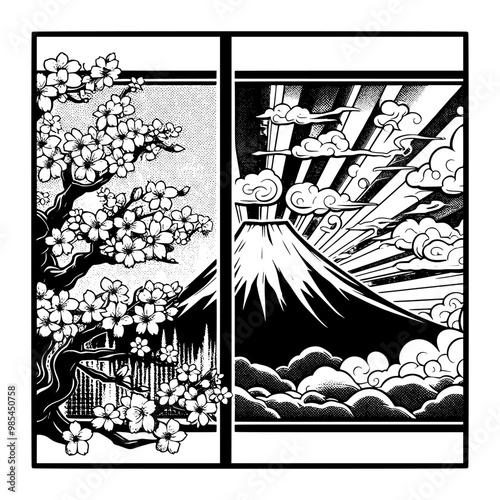 black and white mountain fuji and sakura tree design