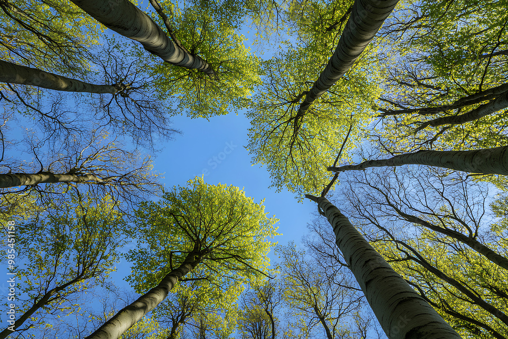 Fototapeta premium Beech Trees Forest in Early Spring, from below, fresh green leaves