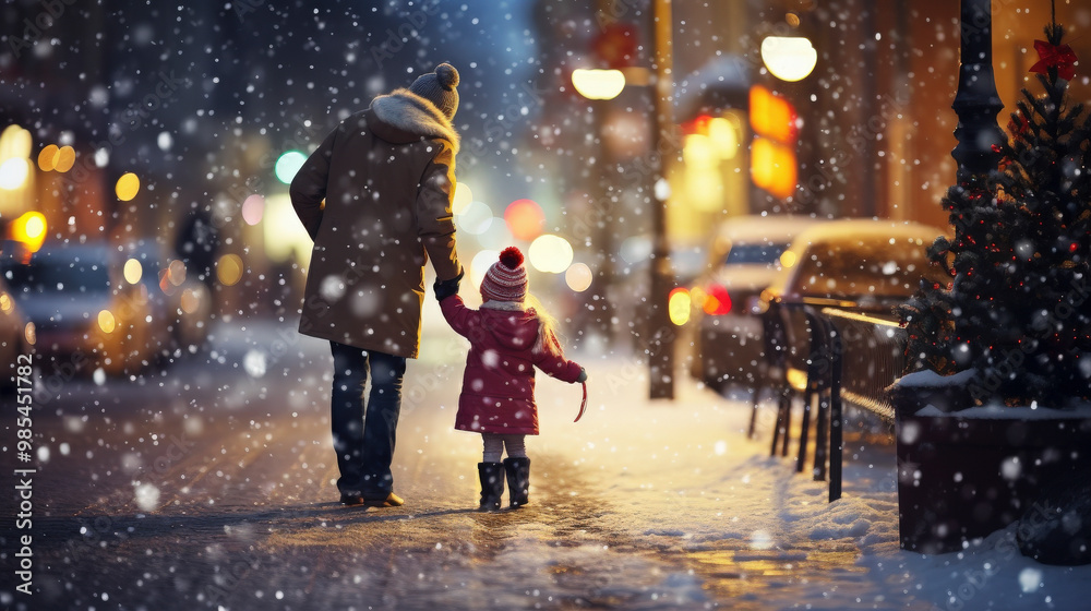 Obraz premium Family enjoys a whimsical winter stroll in the snow