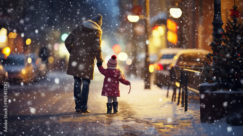 Family enjoys a whimsical winter stroll in the snow