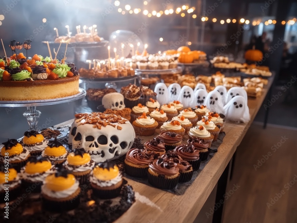 Halloween dessert table with spooky skull cakes ghost cupcakes Halloween dessert table with spooky skull cakes ghost cupcakes