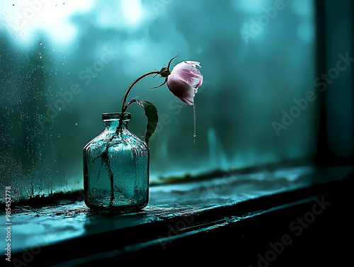 A wilted flower in a broken vase on a windowsill, fragility, symbol of impermanence and sadness
