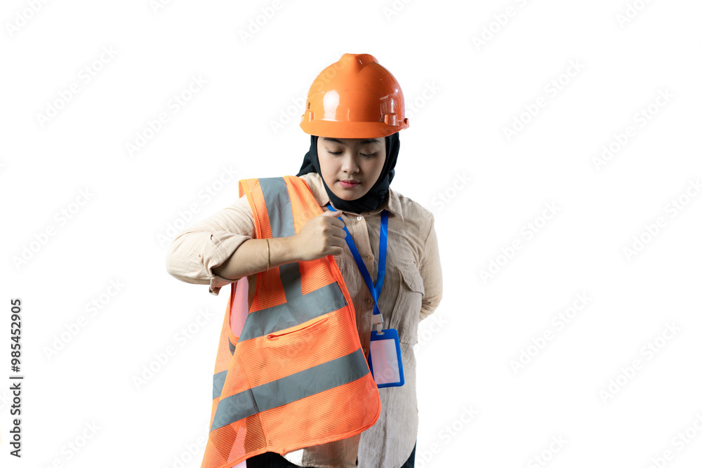 young Asian woman worker wearing hijab wearing safety vest before starting work, safety equipment working in industry and construction, industry and construction concept, isolated on white background.