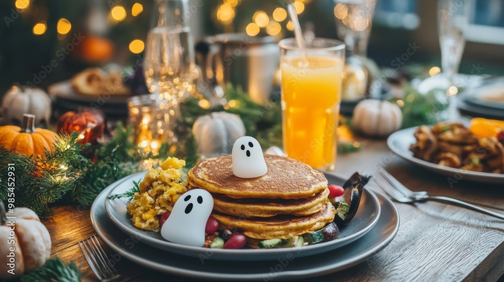 Halloween diner breakfast with pumpkin spice pancakes ghost-shaped hash browns Halloween diner breakfast with pumpkin spice pancakes ghost-shaped hash browns