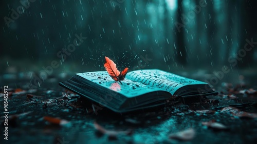 Rain falling on an open diary with ink smudging away, forgotten stories, unwritten feelings photo