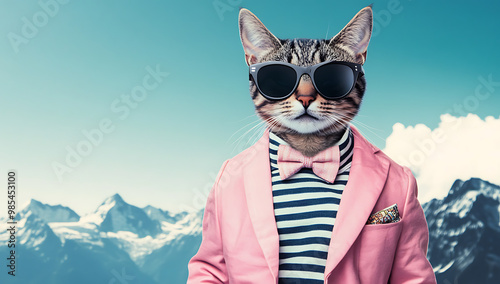 A cat wearing sunglasses and a shirt with a bow tie, dressed in a suit- green mountains and a blue sky