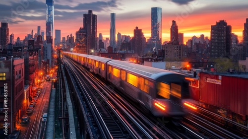 Subway Train in Motion. Dynamic Cityscape in Long Exposure