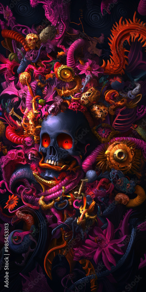 A skull is surrounded by a colorful, abstract background. The skull is surrounded by a variety of objects, including a sword, a flower, and a snake. Scene is dark and eerie A skull is surrounded by a colorful, abstract background. The skull is surrounded by a variety of objects, including a sword, a flower, and a snake. Scene is dark and eerie