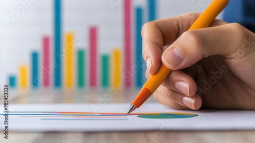 Close-up of a team member taking notes on statistical charts during a collaborative business presentation, emphasizing attention to detail Note-taking, Statistical presentation