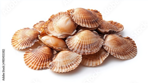 A pile of shells, Scallops with a white background