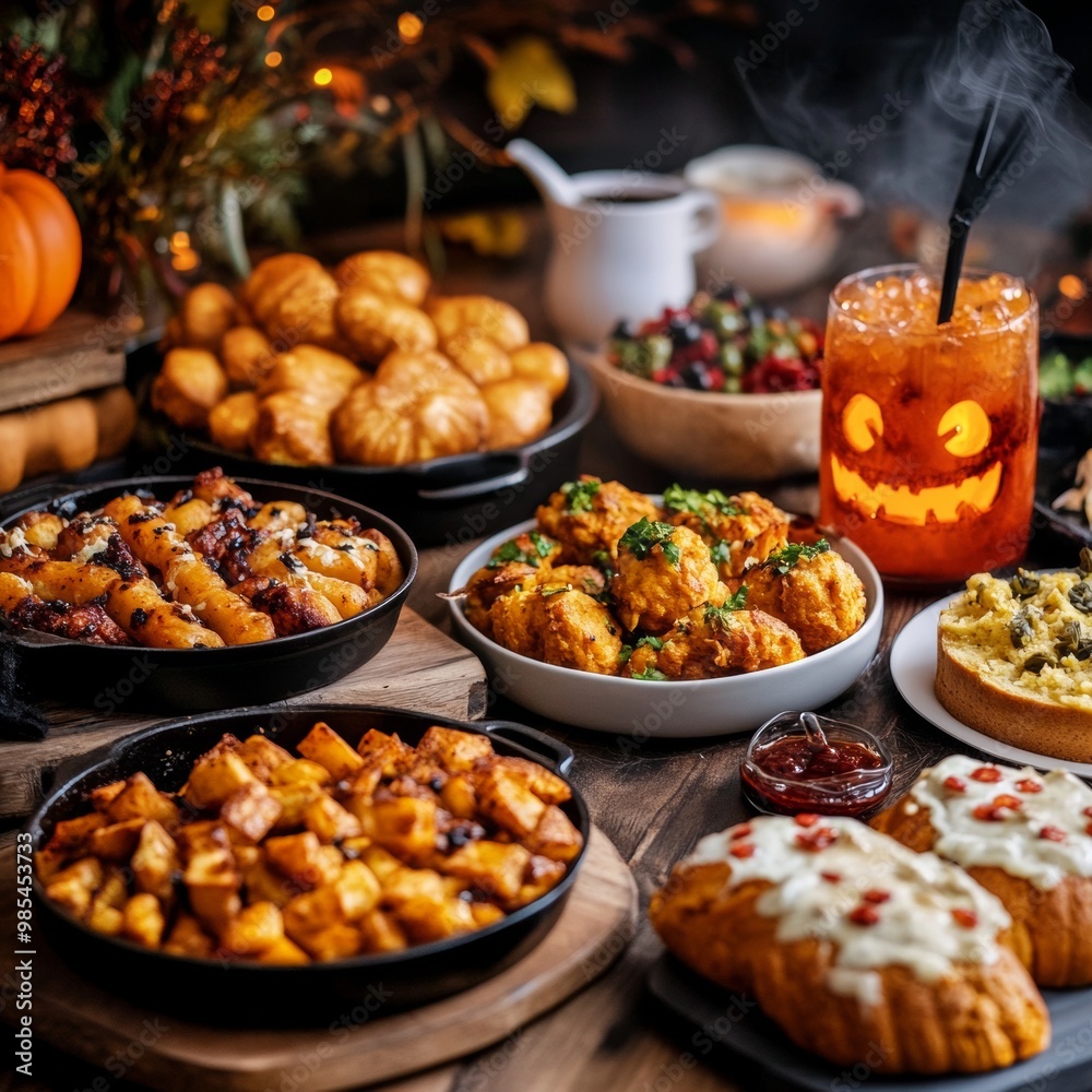 Halloween food table with eerie dishes like gory finger-shaped fries pumpkin bread Halloween food table with eerie dishes like gory finger-shaped fries pumpkin bread