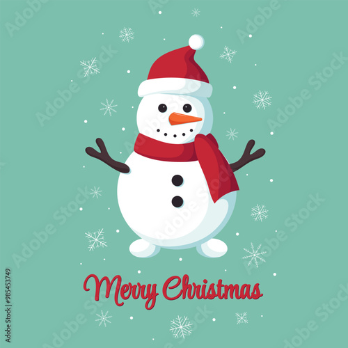 Merry Christmas card with snowman. Holiday cartoon character in winter season. Vector illustration.