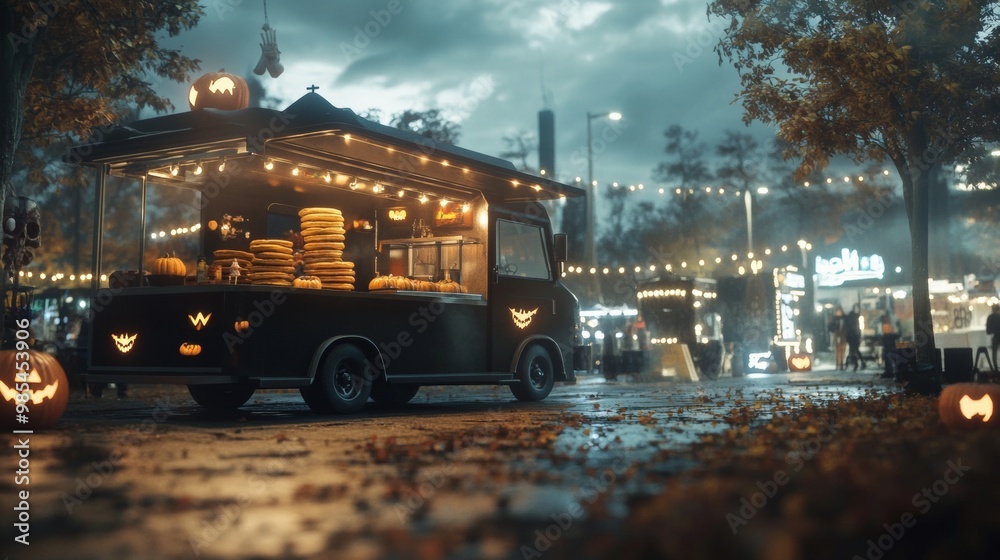 Obraz premium Halloween food truck serving eerie bat-shaped pancakes ghost-themed milkshakes