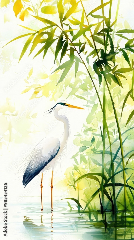 Fototapeta premium A tranquil traditional Chinese watercolor painting depicting a heron standing still by a serene body of water, embodying the peaceful essence of nature and cultural artistry.