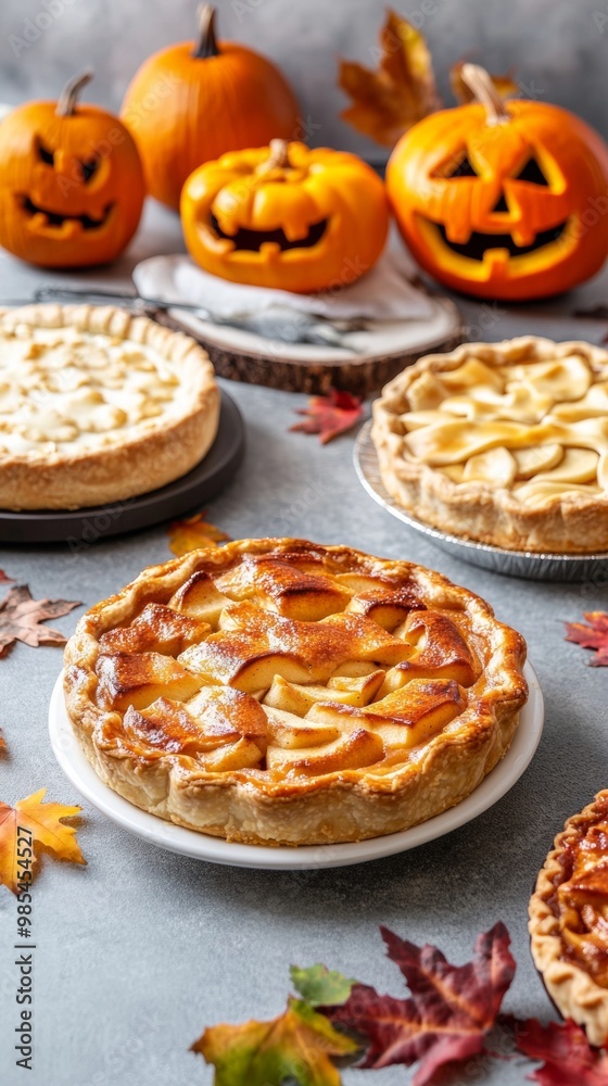 Halloween pie contest with classic American apple pies decorated with eerie jack-o-lantern faces and spooky autumn designs Halloween pie contest with classic American apple pies decorated with eerie jack-o-lantern faces and spooky autumn designs
