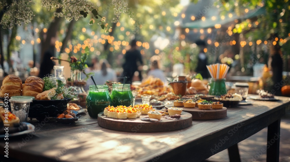 Halloween street food scene with witches serving eerie green potions monster-shaped pastries Halloween street food scene with witches serving eerie green potions monster-shaped pastries