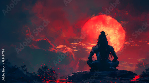 Silhouette of a Lord Shiva against a sunset background