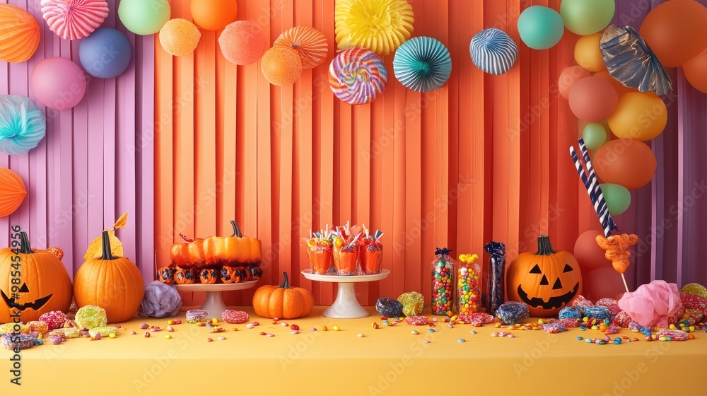 Fototapeta premium Playful Halloween setup with colorful candy, festive decorations, and cute costumes for a fun, family-friendly vibe