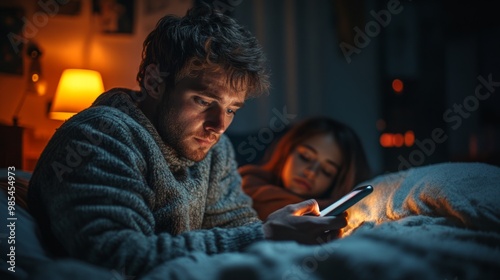 A handsome young husband uses his cell phone to talk to his lover. Meanwhile, his beautiful young wife was sleeping on the bed in the bedroom.